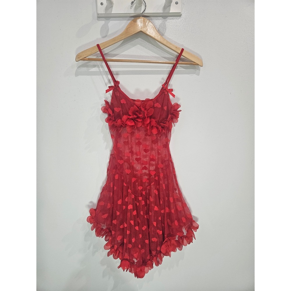 Red Heart Mesh Babydoll Chemise 3D Floral Petal Ruffle Lingerie Dress